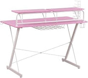 Pink Gaming Desk with Shelving, Computer Workstation for Gaming and Office, Durable Steel Frame, Stylish Design