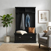 Furnifact Birch Veneer Hall Tree with Beadboard Panels, Bench Seat, Double Hooks, Storage Cabinets, Coat Rack for Entryway Mudroom, Distressed Black - image 4