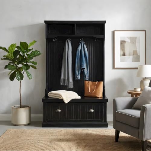 Furnifact Birch Veneer Hall Tree with Beadboard Panels, Bench Seat, Double Hooks, Storage Cabinets, Coat Rack for Entryway Mudroom, Distressed Black - image 4