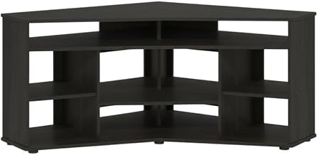 Furnifact Espresso Corner TV Stand for Up to 55 Inches, Rubberwood Solids and Cathedral Walnut Veneers, Solid and Manufactured Wood, Stylish Storage Solution