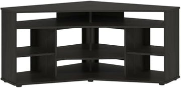 Furnifact Espresso Corner TV Stand for Up to 55 Inches, Rubberwood Solids and Cathedral Walnut Veneers, Solid and Manufactured Wood, Stylish Storage Solution