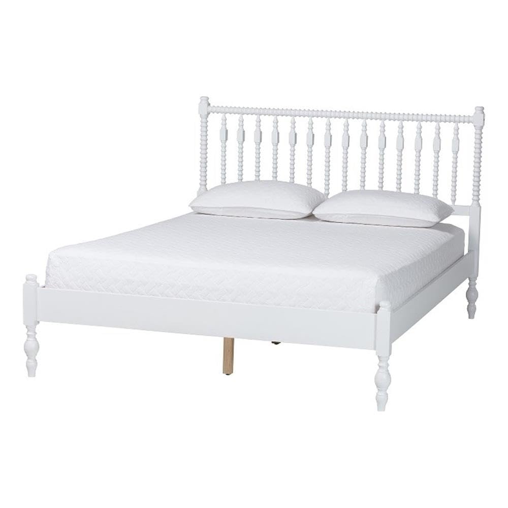 Callison Spindle Platform Bed Turned Bed Frame White Full by Baxton Studio – Full Size, Rubberwood, White, Model 1.93271E+11