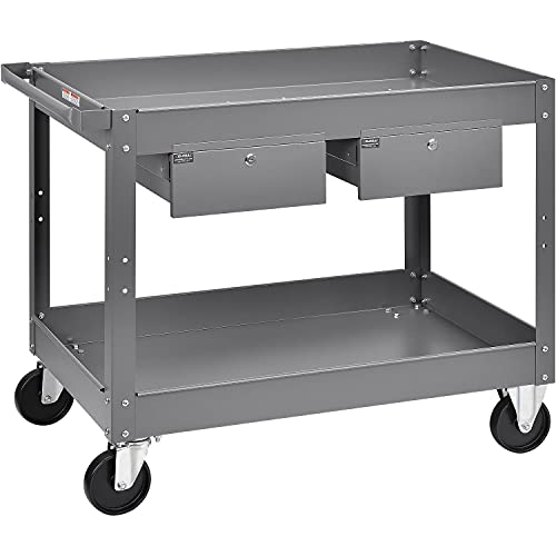 2 Shelf Deep Tray Steel Stock Cart by Global Industrial – 3.5"L x 24"W x 32"H, 12-Gauge Steel, Gray, Model 988842