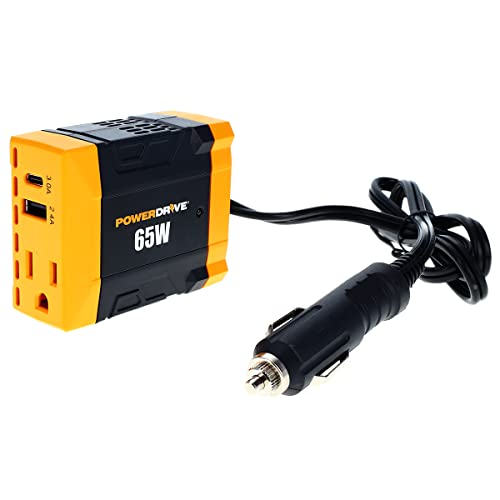 65 Watt Slim Power Inverter 12v DC to 110v AC with Outlet and 2 Ports by PowerDrive – Black and Yellow, Model PWD65