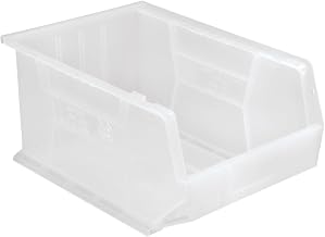 Quantum Storage QUS255CL Heavy-Duty Stackable Plastic Storage Bins for Workshop, Warehouse & Garage, Ultra Stack & Hang, 16" x 11" x 8", Clear, 4-Pack