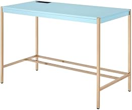 Baby Blue and Gold Finish Writing Desk, Contemporary MDF and Metal, Rectangular Shape, Stylish Office Furniture for Modern Workspaces