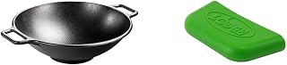 BOLD 14 Inch Seasoned Cast Iron Wok + Lodge 2 BOLD Silicone Hot Handle Holders - Fresh Green