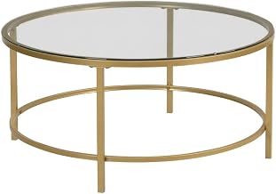 Furnifact Gold Glass Top 36 Inch Round Coffee Table, Modern Style, Durable Construction, Elegant Centerpiece for Living Room, Minimalist Design