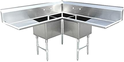 OMCAN 43073 Three compartment corner sink with center drain, 2 drainboards