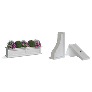 4ft White Durable Self Watering Window Box Planter with Wall Mount Brackets (5823-W) Bundle with Decorative Brackets by Mayne – 4ft, Polyethylene (PE), White, Model Fairfield