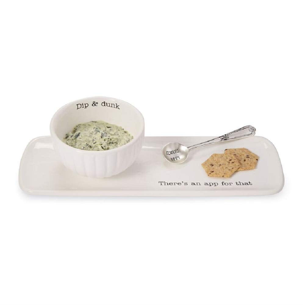 Mud Pie Ceramic Appetizer Set, 3 Piece Tray Bowl And Spoon, White