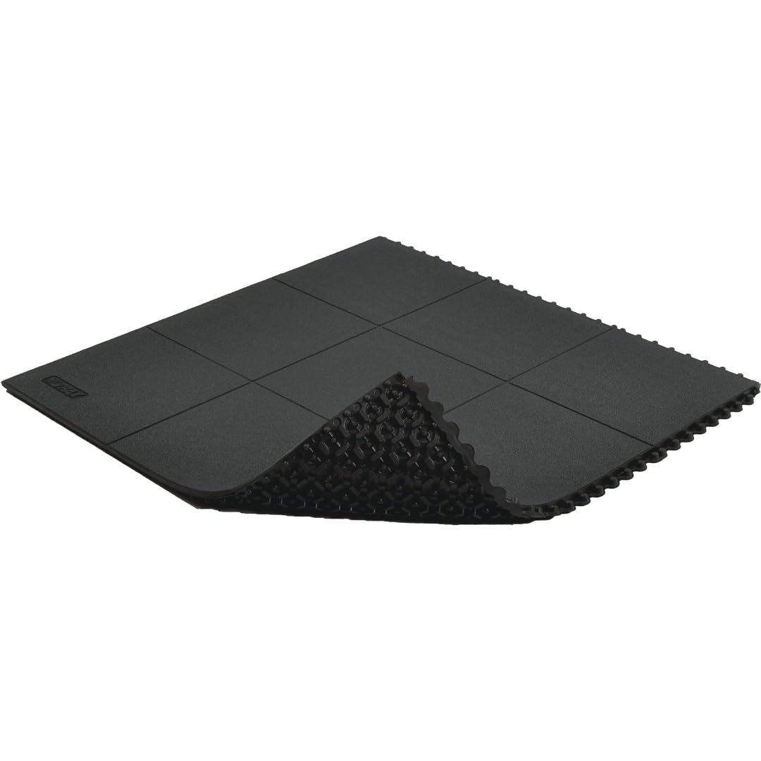 Industrial Anti Fatigue Mat Interlocking Floor Tiles - Black 3'x3' Modular Standing Pad Puzzle Mats Designed for Custom Stress Mats for Standing at Work - 1 Tile - Natural Rubber