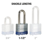 Master Lock Steel / 1-1/2" shackle / 3 Pack, Keyed-Alike Keyed Padlocks