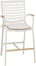 Bar Stool – White Outdoor Bar Stools with Backs and Teak Wood Accents, Elegant Bar Height Chairs for Patios, Decks, or Outside Bars and Dining Areas