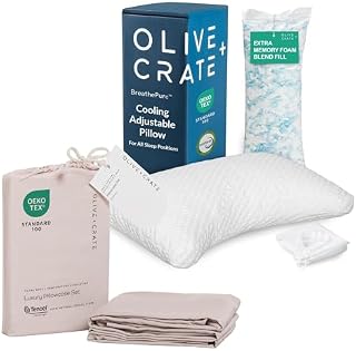 Olive + Crate Crescent Adjustable Cooling Pillow and Tencel Eucalyptus Pillowcase Set – Queen Size, Hypoallergenic, Moisture-Wicking, Custom Loft Support – Side Sleeper Moon Pillow, Barely Pink