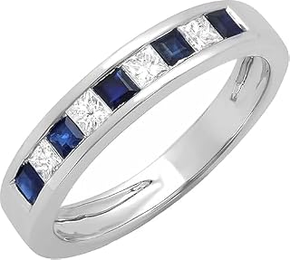 3Ct Princess Blue Sapphire and White Lab Created Diamond Channel Set Women's Wedding Ring 14K White Gold Plated 925 Sterling Silver, White, 7