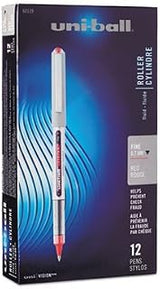 Uni-Ball VISION Stick Roller Ball Pen, Fine 0.7mm, Red Ink, Gray/Red Barrel, Dozen