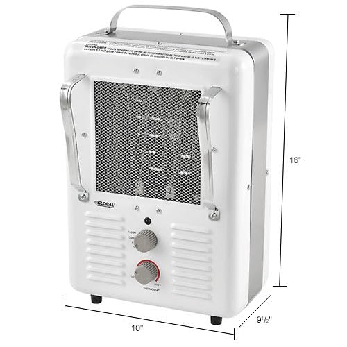5120 BTU Portable Milkhouse Style Electric Heater by Global Industrial – 10.25"L x 7.9"W x 15.75"H, Steel, White, Model PH-933