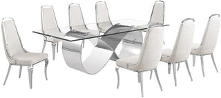 94" x 46" Clear Glass Dining Set w Boucle Fabric Chairs