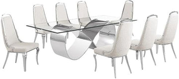 94" x 46" Clear Glass Dining Set w Boucle Fabric Chairs