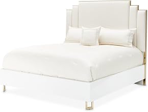 Michael Amini Palm Gate White Upholstered Eastern King Bed Cloud White Panel Bed with Cream Woven Polyester Fabric and Durable Manufactured Wood Frame for Elegant Bedroom