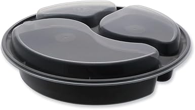 Pactiv Evergreen newspring versatainer microwavable containers, round, 3-compartment, 39 oz, 9 x 9 x 2.25, black/clear, plastic, 150/carton