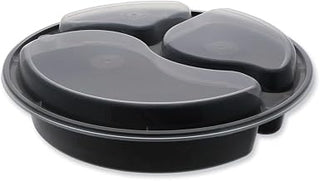 Pactiv Evergreen newspring versatainer microwavable containers, round, 3-compartment, 39 oz, 9 x 9 x 2.25, black/clear, plastic, 150/carton