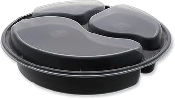 Pactiv Evergreen newspring versatainer microwavable containers, round, 3-compartment, 39 oz, 9 x 9 x 2.25, black/clear, plastic, 150/carton
