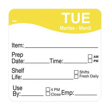 DAYMARK FOOD SAFETY SYSTEMS MarketPRO DayMark DissolveMark Square Tuesday Mardi Martes Day of the Week Dissolvable Removable Label Yellow | 250/Roll