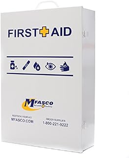 First Aid Only MFASCO Metal First Aid Wall Cabinet 4 Shelf with Door Pouch | Empty | Workplace Industrial Safety First AId Kit Empty with 4-Shelves Attractive Label | ANSI Type I & II | Wall-Mountable