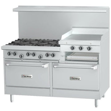 U60-6R24RR - 60 in 6-Burner U-Series Gas Range w/ 2 Ovens and 24 in Raised Griddle by Garland – Stainless Steel, Stainless-Steel, Model U606R24RR