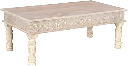 Starlight Canyon Home Solid Mango Wood Coffee Table with Carved Sides and Turned Legs, Rectangular Cocktail Table for Living Room or Den