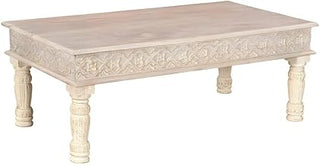 Starlight Canyon Home Solid Mango Wood Coffee Table with Carved Sides and Turned Legs, Rectangular Cocktail Table for Living Room or Den