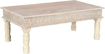 Starlight Canyon Home Solid Mango Wood Coffee Table with Carved Sides and Turned Legs, Rectangular Cocktail Table for Living Room or Den
