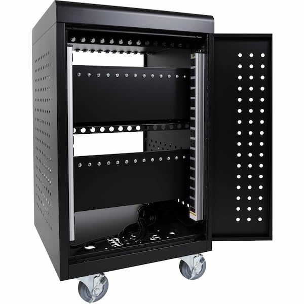 Mobile Home Office Tablet Charging Station by Luxor – 20"L x 26"W x 36"H, Stainless Steel, Black, Model LLTM30-B