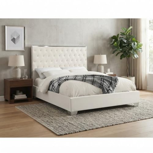 Starlight Canyon Home Fully Upholstered Platform Bed, Button-Tufted Velvet Queen Bed Frame with Headboard and Footboard for Bedroom, White Velvet - image 6