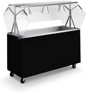 Vollrath 60-inch 120-volt four-well 2-Series non-refrigerated cold-food station with black base, open storage compartment and buffet-style breath guard