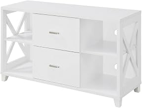 Furnifact White Deluxe 2 Drawer TV Stand, for 55-Inch TVs, Particle Board/MDF, Transitional Coastal Style, Stylish and Functional Design