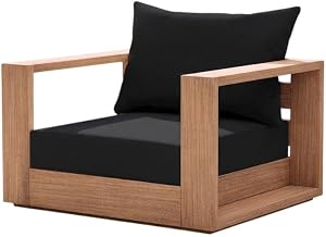 Black Fabric Outdoor Chair with Pillow, Contemporary Design, Durable Fabric Seat, Finish in Teak Style, Comfortable Arm and Back Heights