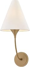 Troy Lighting Evermore 1-Light Wall Sconce | Patina Brass | Off-White Linen Shade | Nature-Inspired Modern Design | Graceful Curved Arm | Steel Frame | Damp Rated Fixture | Model B1920-PBR