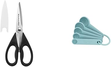 KitchenAid All Purpose Shears with Protective Sheath, Black and Set of 5 Measuring Spoons, Aqua Sky