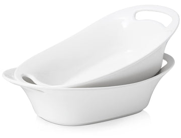 DOWAN Ceramic Serving Bowls, 60 Ounce Oval Platters with Handles, Soft White, Set of 2