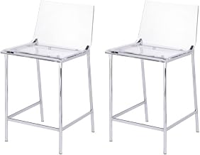 Clear Acrylic Counter Stools Set of 2, Chrome Frame Lucite Seat, Modern Ghost Stool for Kitchen Island or Home Bar Counter, Chrome Counter Stool