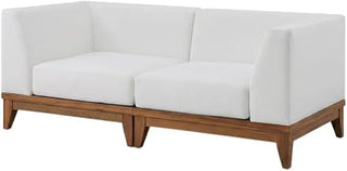 White Fabric Patio Modular Sofa, Contemporary Style, Comfortable Seat, Acacia Wood Finish, Lightweight, Durable for Outdoor Living