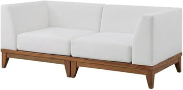 White Fabric Patio Modular Sofa, Contemporary Style, Comfortable Seat, Acacia Wood Finish, Lightweight, Durable for Outdoor Living