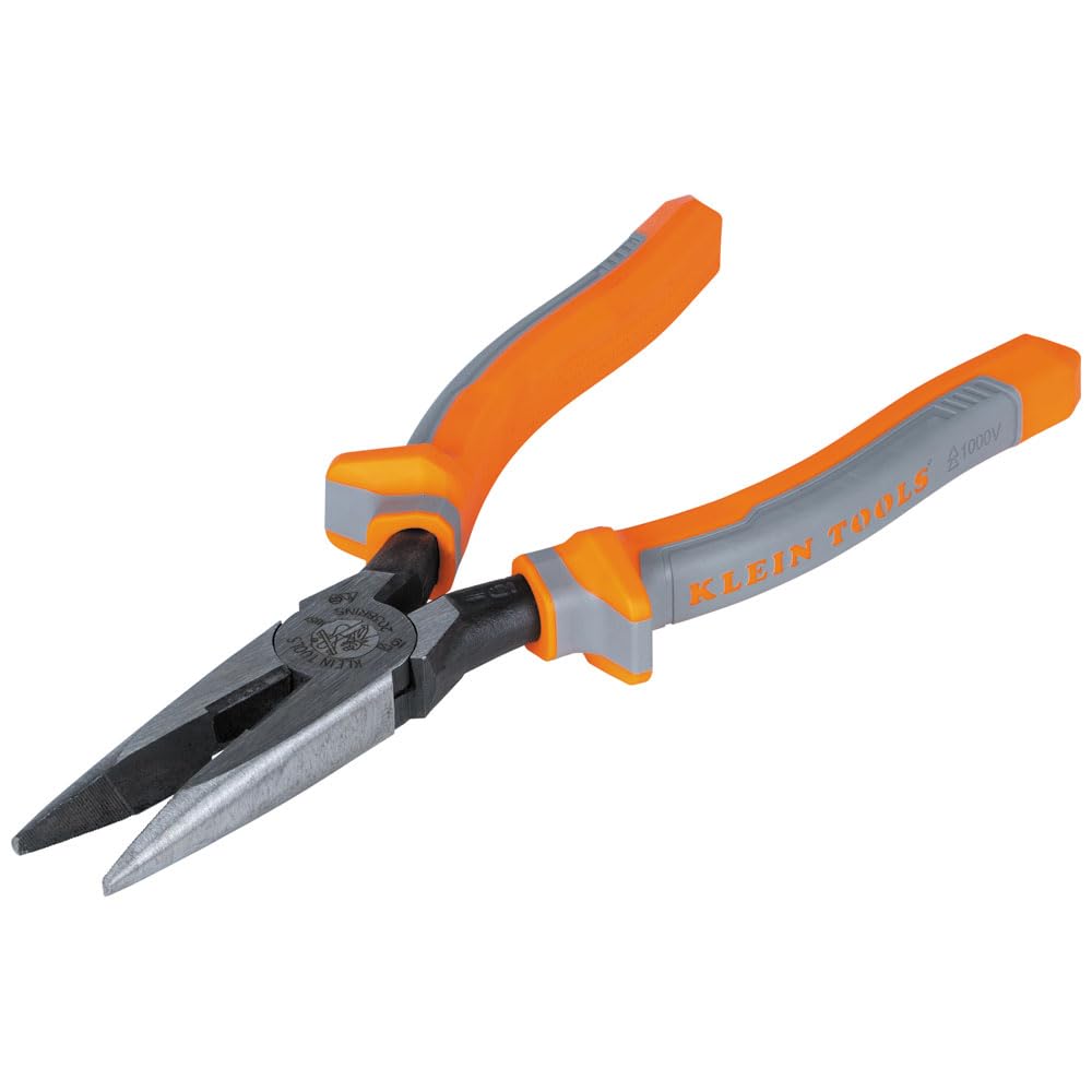 Pliers, Made in USA, Electrician's Insulated Long Nose Side-Cutting Pliers, 1000V Rated, Induction Hardened Knives, 8-Inch by KLEIN TOOLS – Long Nose Cutters, Model 2038RINS
