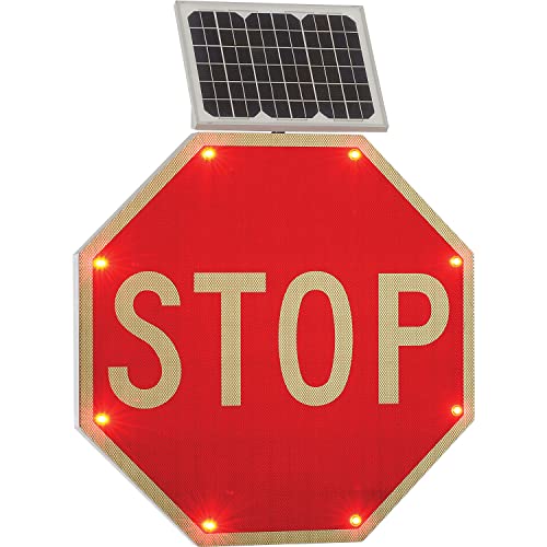 Solar Powered Flashing LED Stop Sign by Global Industrial – 4.8"L x 33"W x 33"H, Polycarbonate, Red, Model 708312