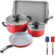 Farberware Disney Bon Voyage Ceramic Nonstick Pots and Pans Set with Baking Sheet/Cookie Pan and Disney Home Kitchen Tools, 8 Piece Non Stick Cookware Set - Red