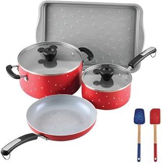 Farberware Disney Bon Voyage Ceramic Nonstick Pots and Pans Set with Baking Sheet/Cookie Pan and Disney Home Kitchen Tools, 8 Piece Non Stick Cookware Set - Red