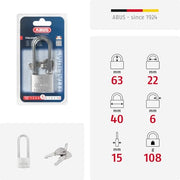 ABUS 1 / Gray / 40 mm Lock Body, High Shackle 63 mm Keyed Padlocks